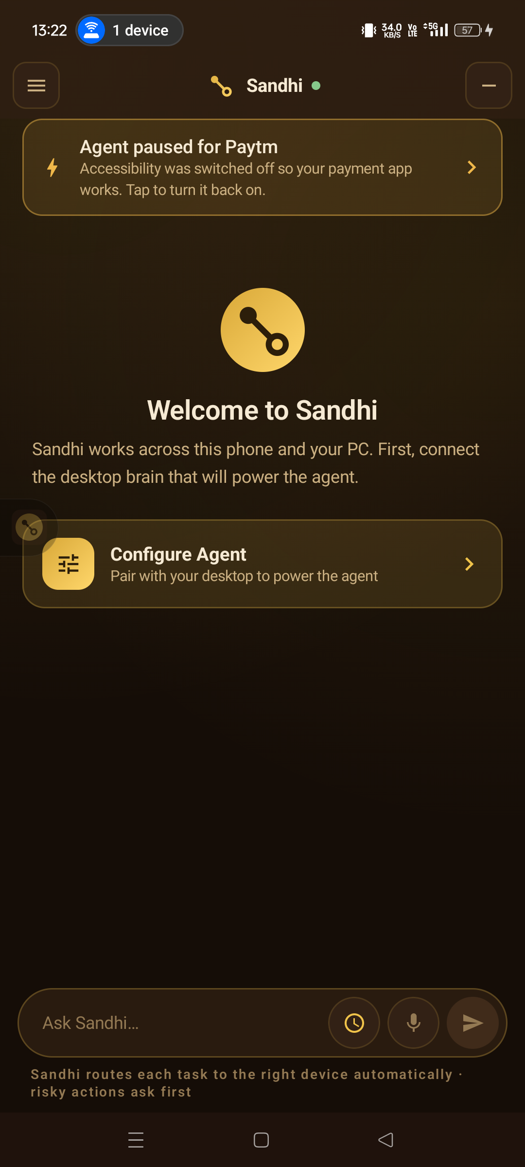 The Sandhi app on Android, showing the welcome screen with a Configure Agent button