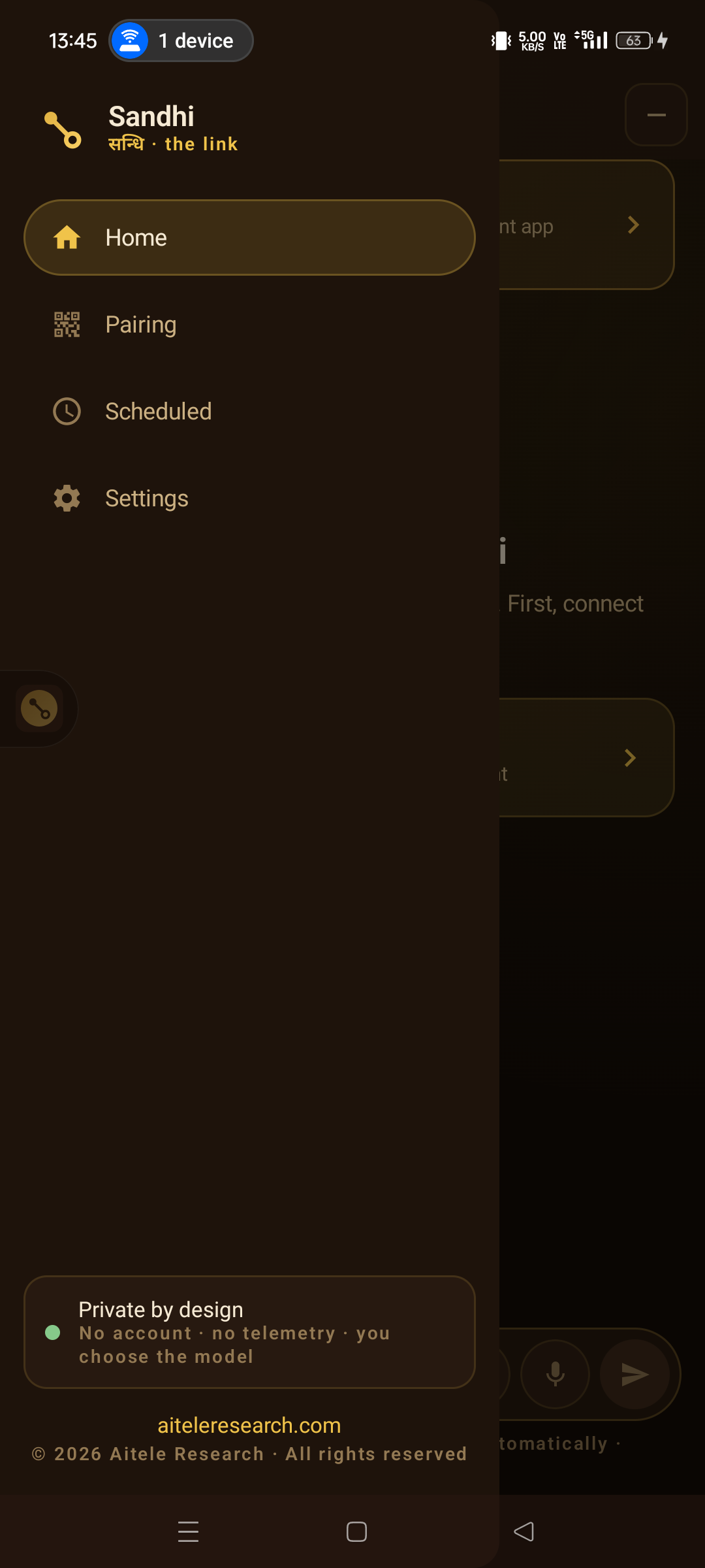 The Sandhi menu on Android with Home, Pairing, Scheduled and Settings