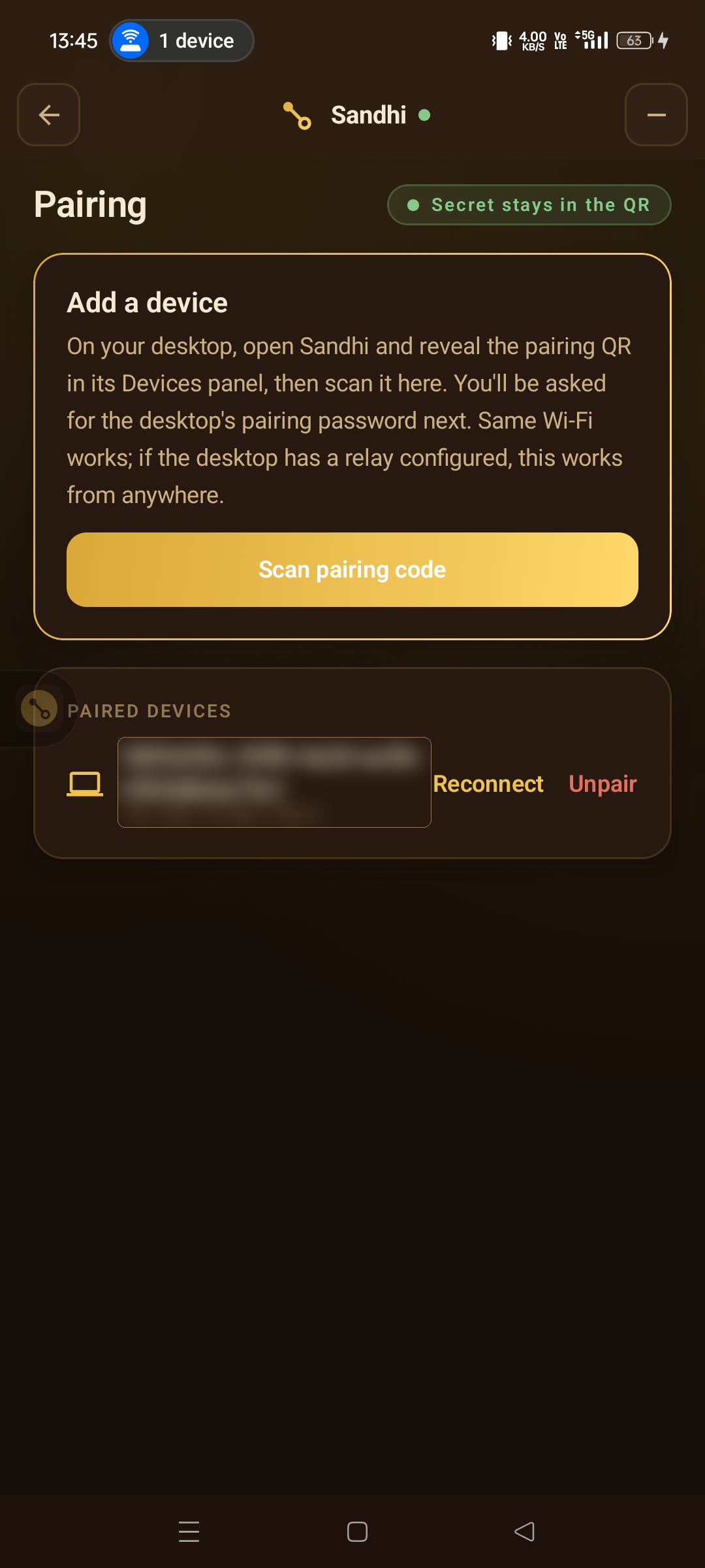 The Pairing screen on Android with a Scan pairing code button and the paired desktop listed