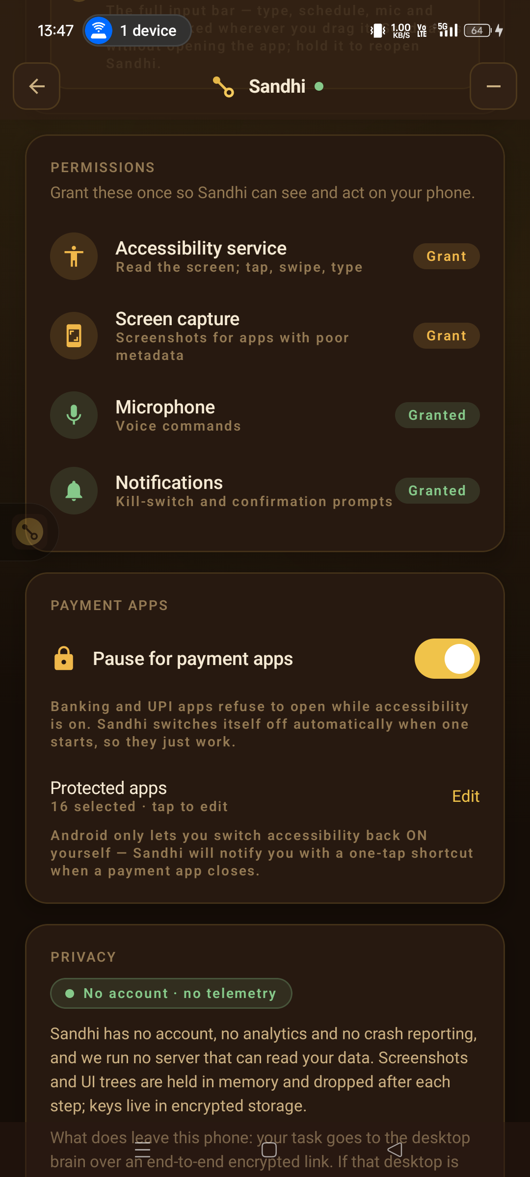 The Permissions card showing Accessibility, Screen capture, Microphone and Notifications