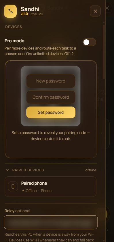 The Sandhi Devices panel on first run, with the pairing code blurred behind a Set a password form