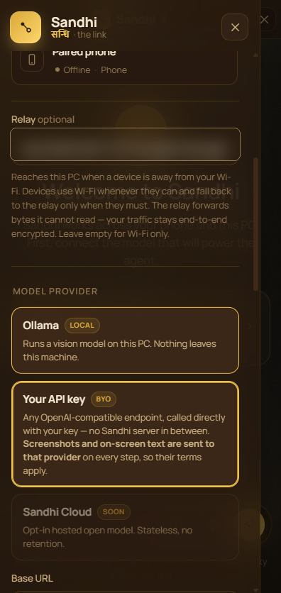 The Model provider panel in Sandhi offering Ollama, your own API key, or Sandhi Cloud