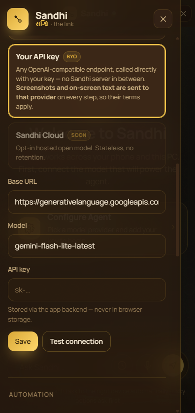 The Sandhi provider fields with the base URL and model prefilled and the API key box empty
